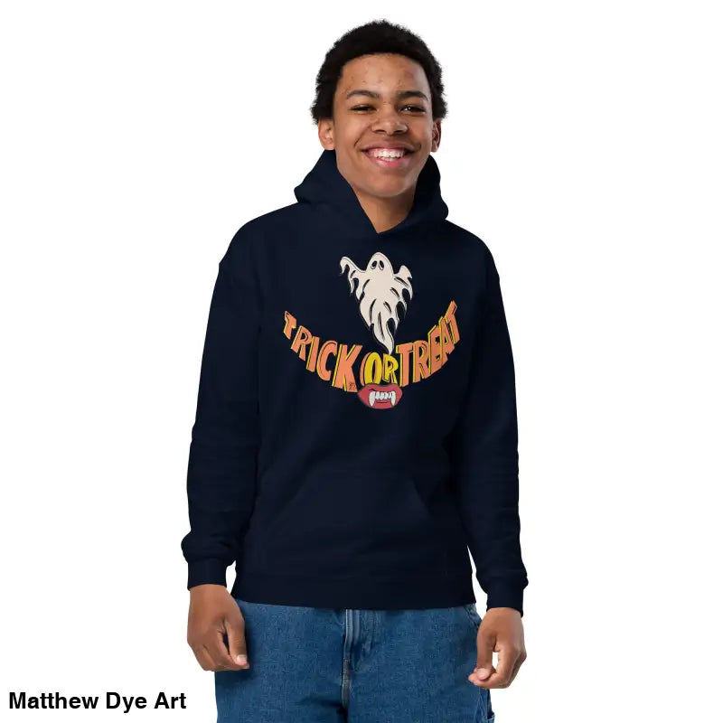 Halloween-themed heavy blend hoodie for child’s Halloween wardrobe, Spooktacular Smiles design