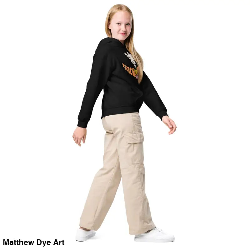 Unisex Youth Halloween Art Hoodie paired with khaki cargo pants for a stylish child’s Halloween wardrobe