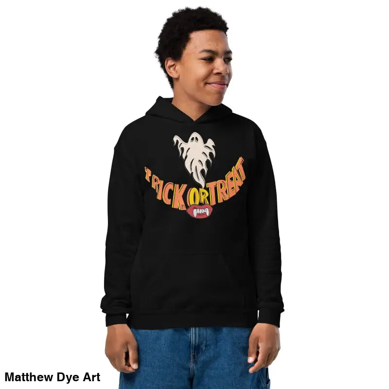 Black hoodie with Halloween graphic for a child’s Halloween wardrobe, perfect for Treat Smiles Youth