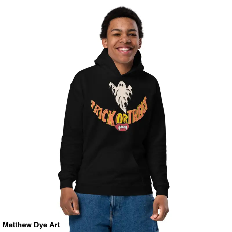 Black hoodie with Halloween design for a child’s Halloween wardrobe by Spooktacular Smiles