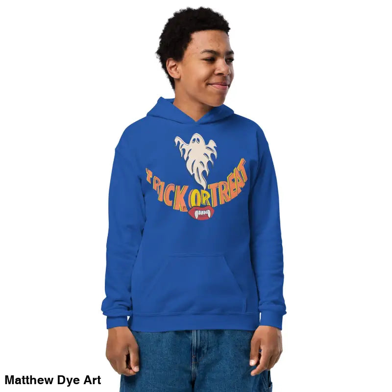 Blue hoodie with Halloween design for a child’s Halloween wardrobe, Spooktacular Smiles