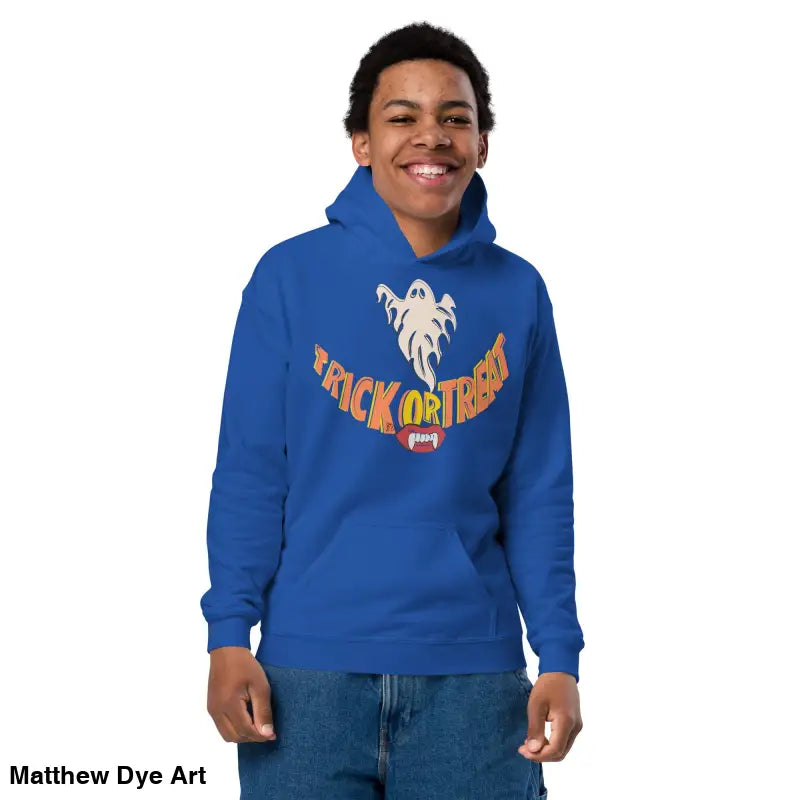 Blue hoodie featuring a Halloween graphic for child’s Halloween wardrobe
