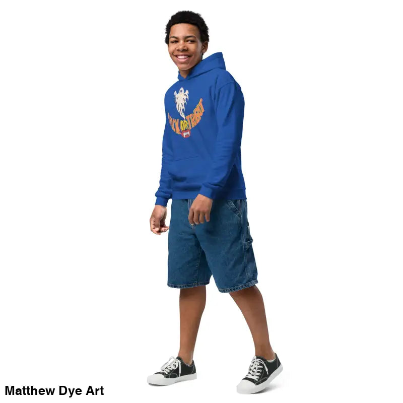 Blue graphic hoodie for youth, perfect for a child’s Halloween wardrobe