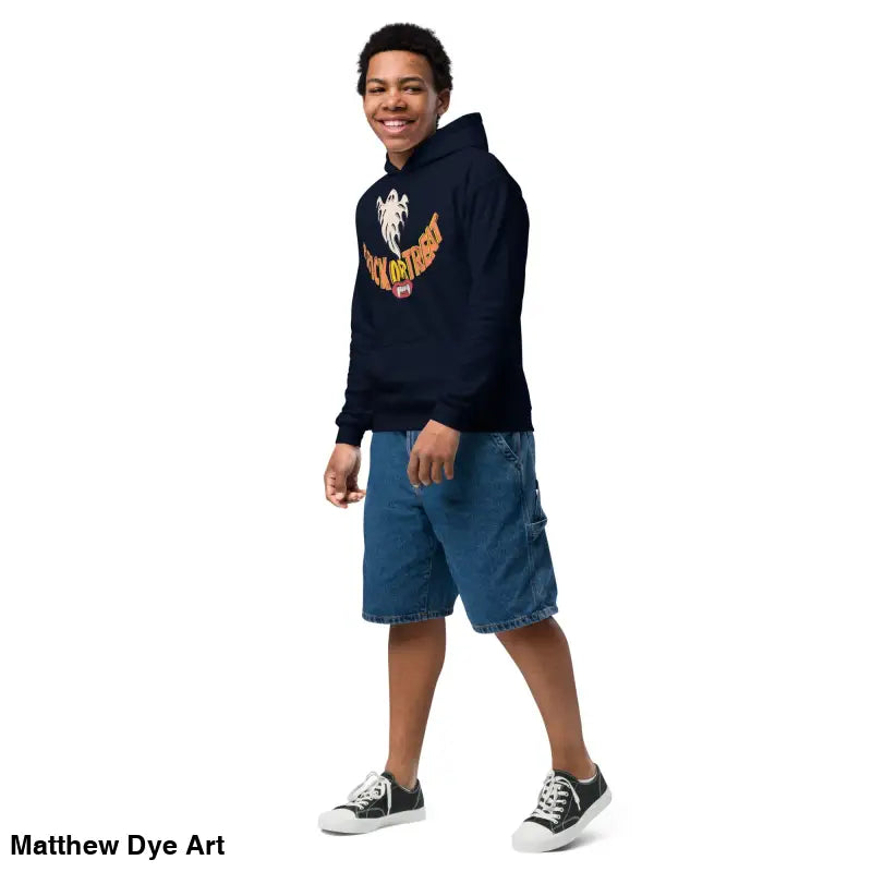 Navy heavy blend hoodie featuring Halloween graphic for child’s Halloween wardrobe