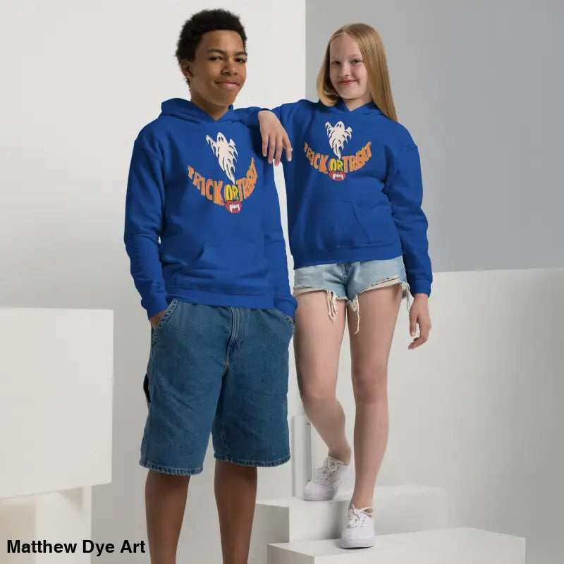 Two blue Spooktacular Smiles hoodies for a child’s Halloween wardrobe
