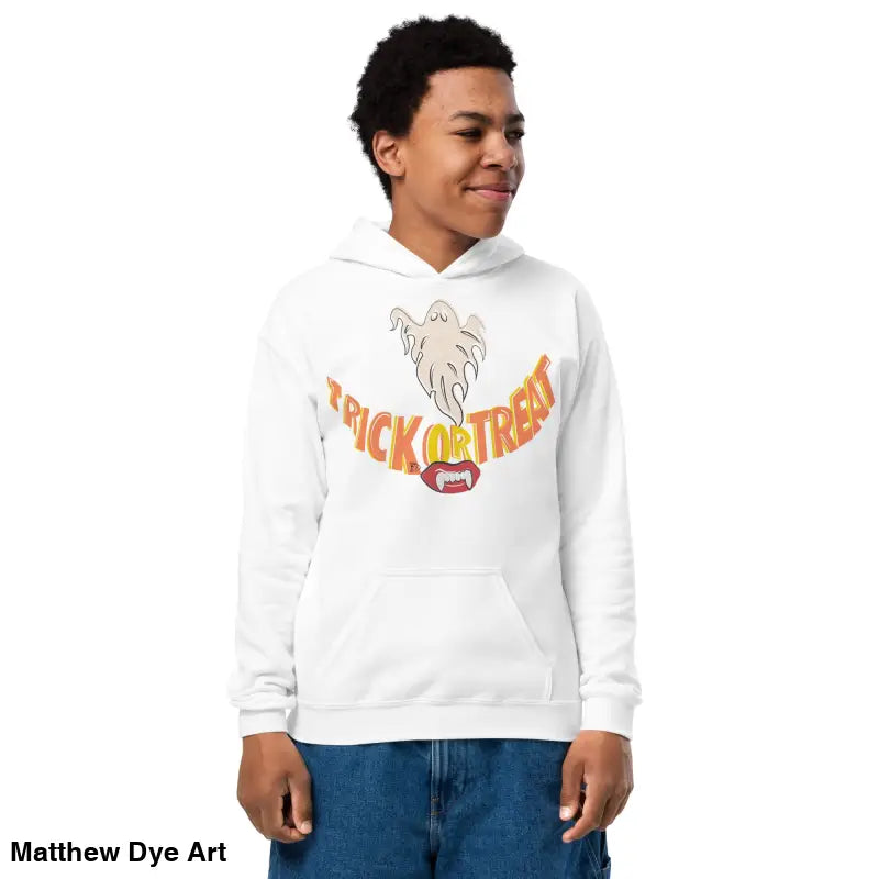 White heavy blend hoodie featuring Halloween graphic for child’s Halloween wardrobe