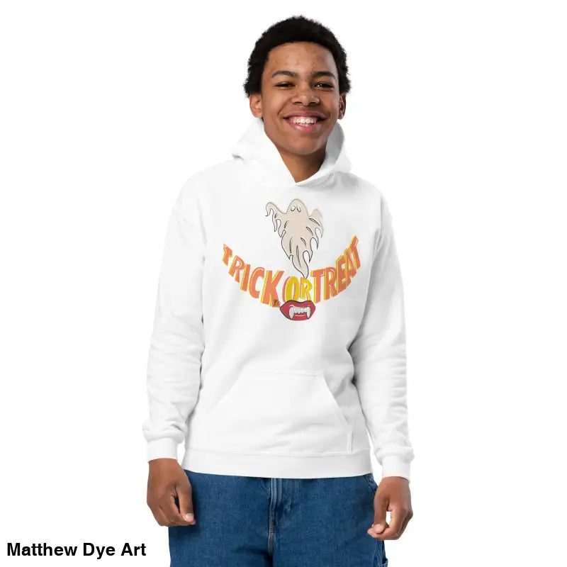 White hoodie featuring Halloween graphic, perfect for a child’s Halloween wardrobe