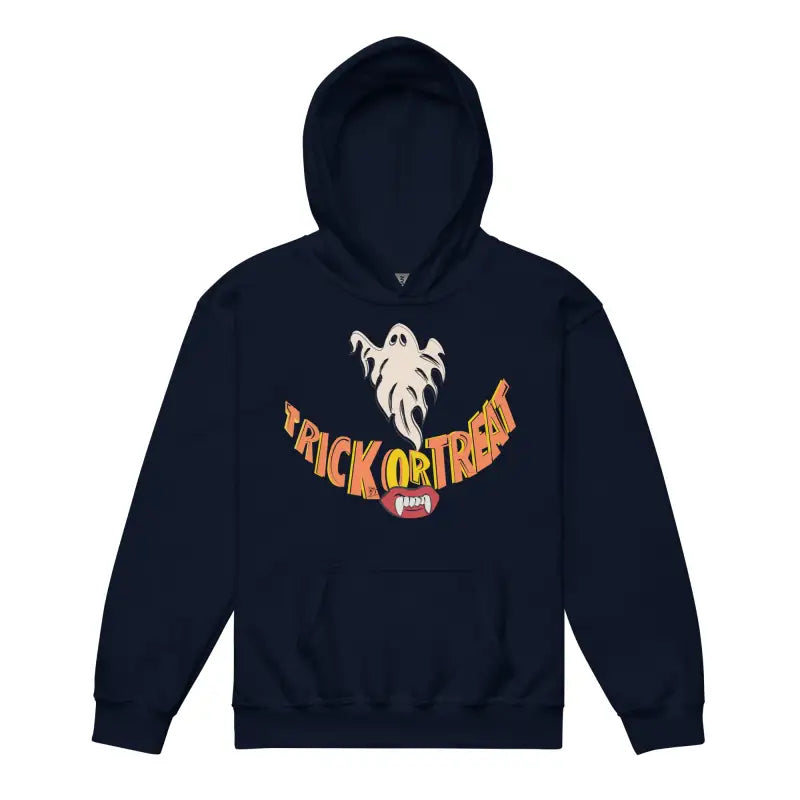 Navy blue heavy blend hoodie featuring Halloween graphic for child’s Halloween wardrobe