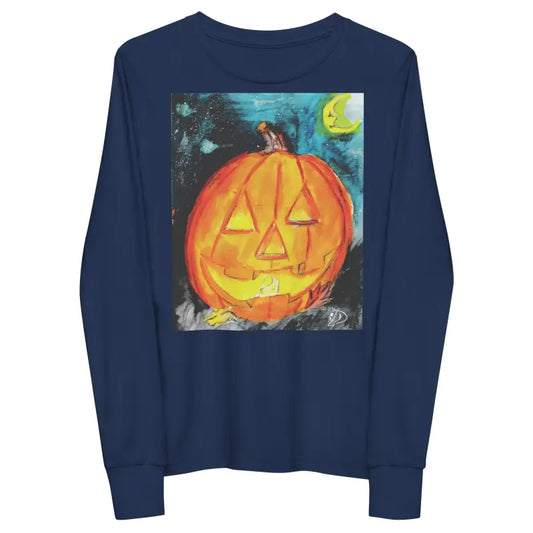 Navy long-sleeved shirt featuring pumpkin graphic for spooky soft youth Halloween fun