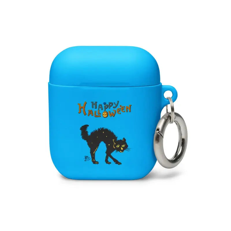 Blue AirPods case featuring Scary Cat Halloween design and metal keyring attachment