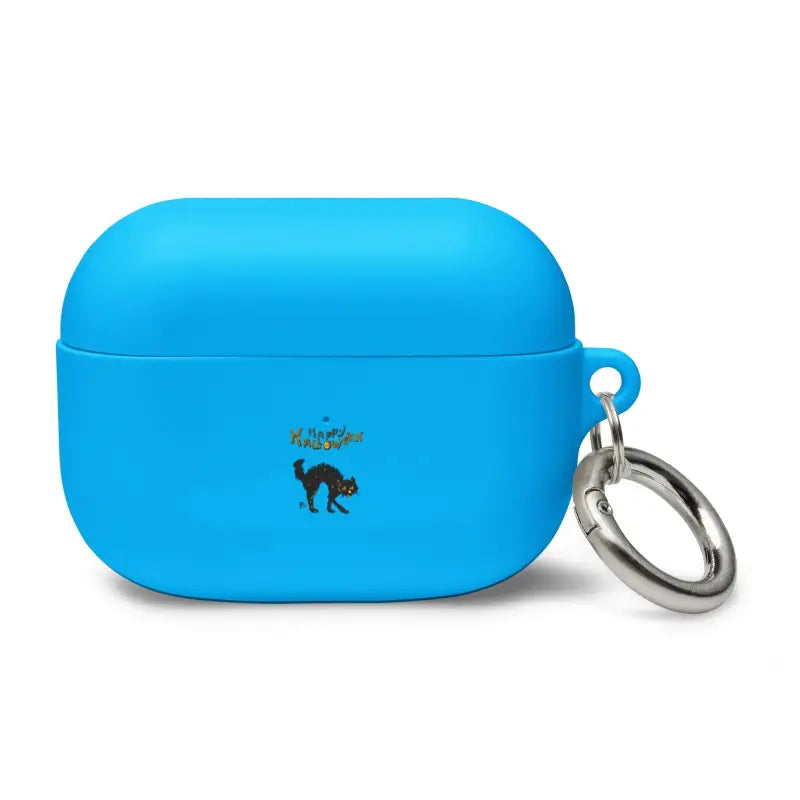 Bright blue AirPods Pro case with black cat logo, perfect for Scary Cat Halloween theme