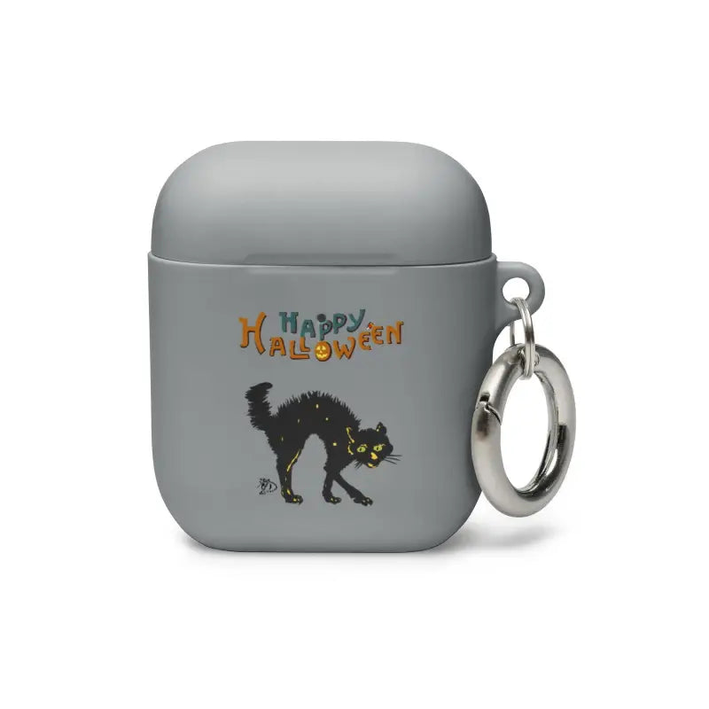 Grey AirPods case with Scary Cat Halloween design and metal keyring attachment