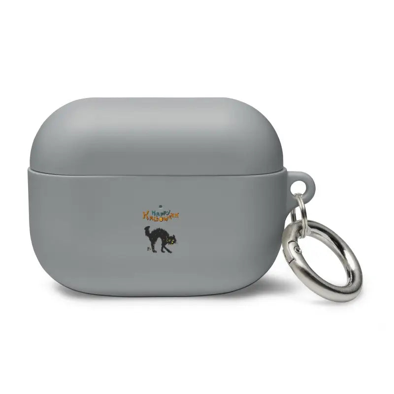 Grey AirPods Pro case featuring a Scary Cat Halloween design with keyring attachment