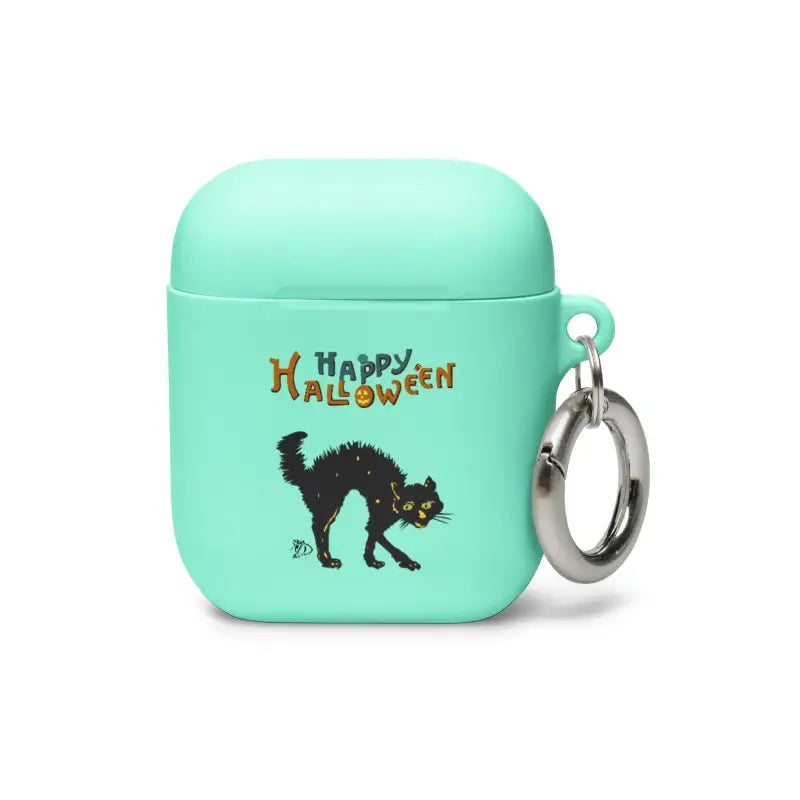 Mint green AirPods case featuring a scary cat Halloween design with keyring attachment