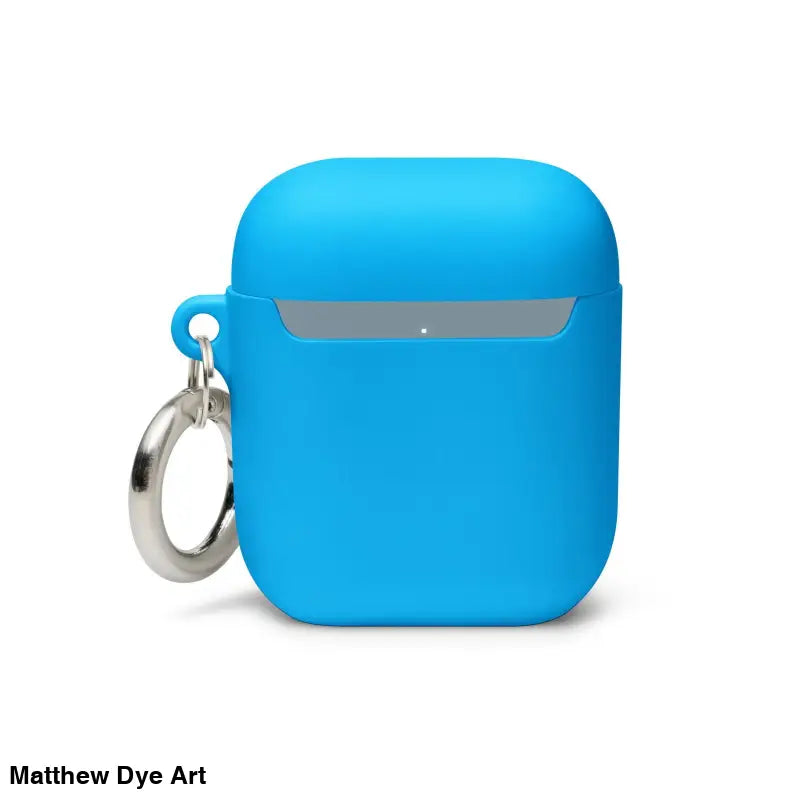 Bright blue silicone AirPods case with keyring, featuring Scary Cat Halloween design