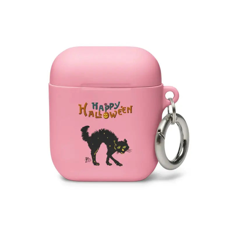 Pink AirPods case featuring Scary Cat Halloween design with metal keyring attachment
