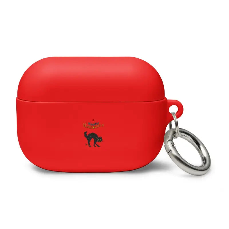 Red AirPods Pro case with black cat logo, perfect for Scary Cat Halloween enthusiasts