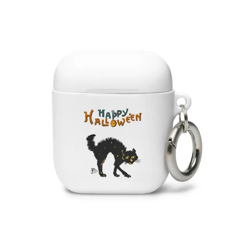 White AirPods case featuring Scary Cat Halloween design with keychain attachment