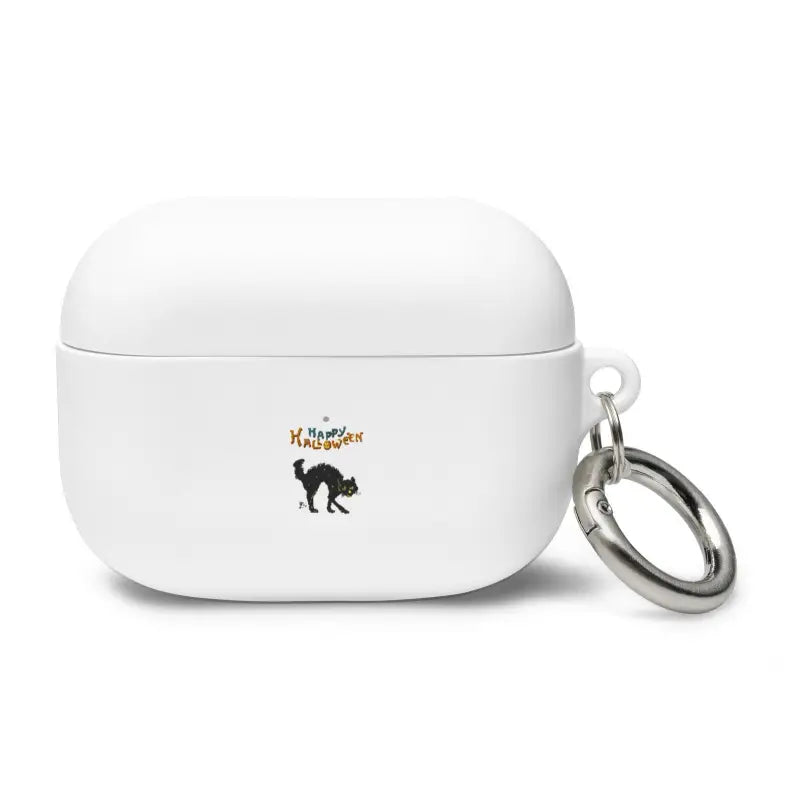 White AirPods Pro case featuring scary cat Halloween design and metal keyring attachment