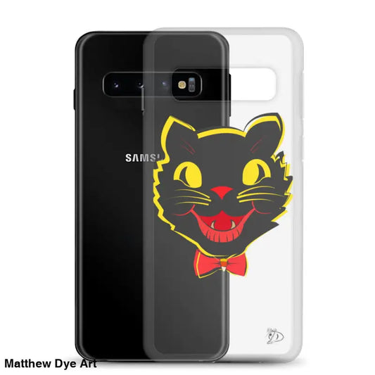 Cartoon black cat head design on a clear phone case from the Vintage Black Cat collection