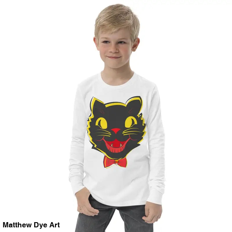 Boy in a black cat graphic long sleeve shirt from Vintage Halloween Cat Youth collection