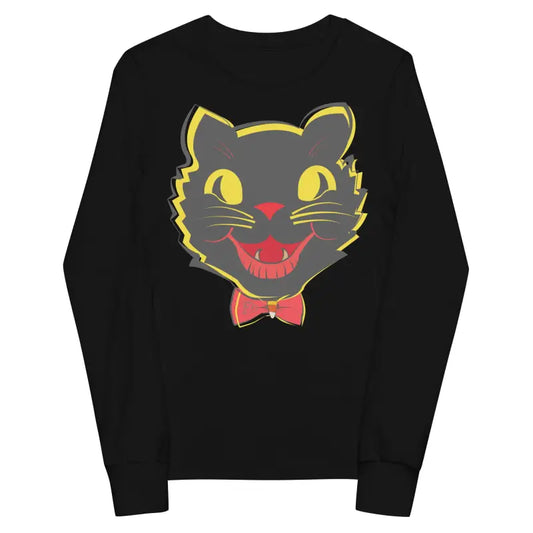 Black long-sleeved shirt featuring vintage cat graphic for youth unisex style