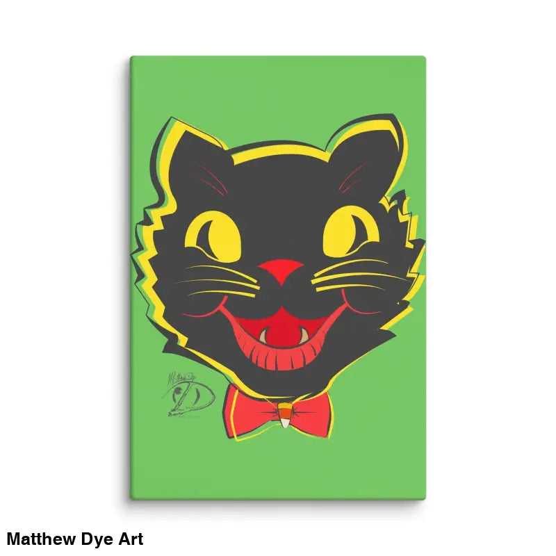 Smiling black cat with yellow eyes and bow tie in vintage cat art for Halloween decor