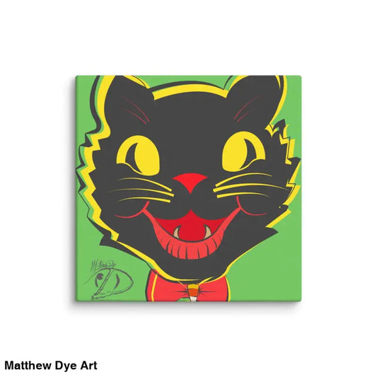 Smiling black cat with yellow eyes and red bow tie in vintage cat art for Halloween decor