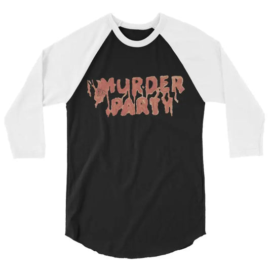 Black and white Murder Party raglan tee featuring stylish raglan sleeves for horror fans