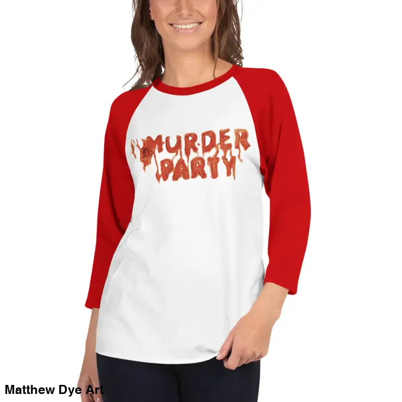 Red and white Murder Party raglan shirt featuring stylish raglan sleeves for a unique look