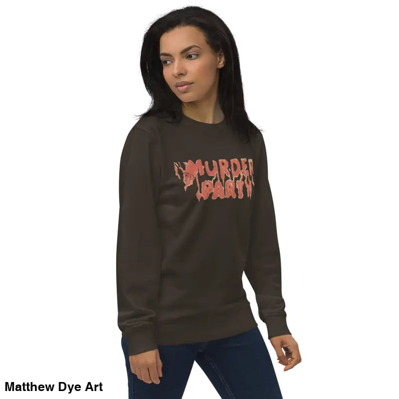 Brown Murder Party sweatshirt showcasing eco-friendly horror art for stylish gatherings