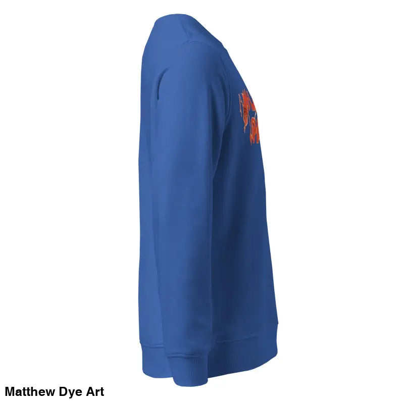 Blue long-sleeved murder party sweatshirt showcasing eco-friendly horror art design