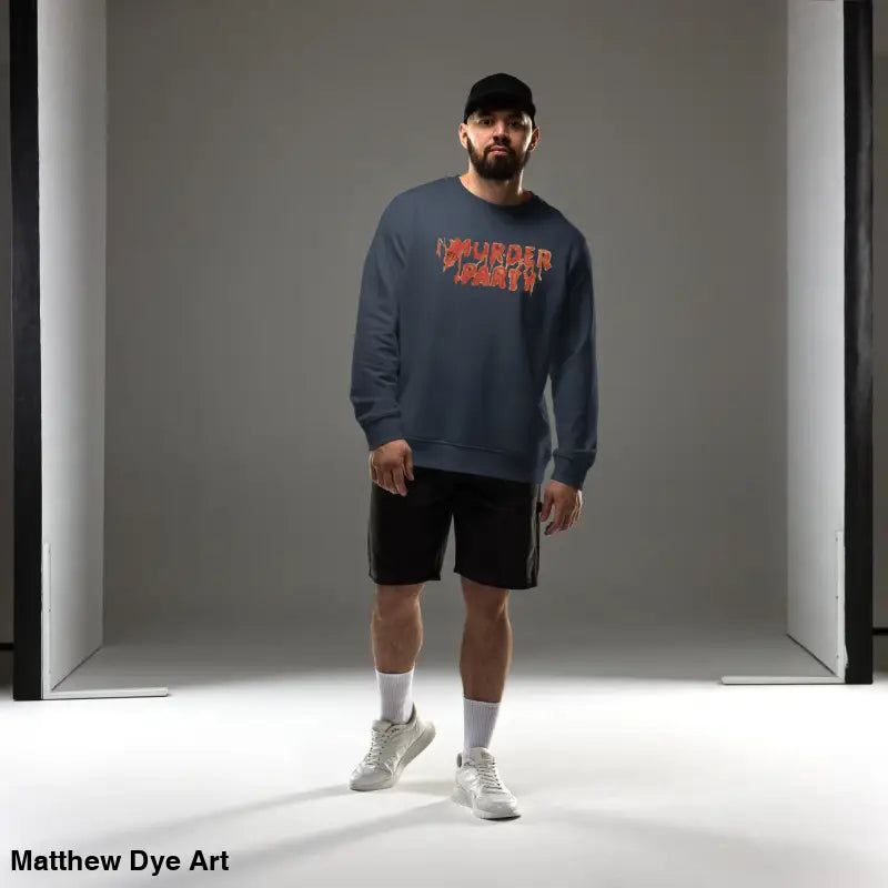Unisex model in eco-friendly Murder Party sweatshirt and shorts for a stylish look