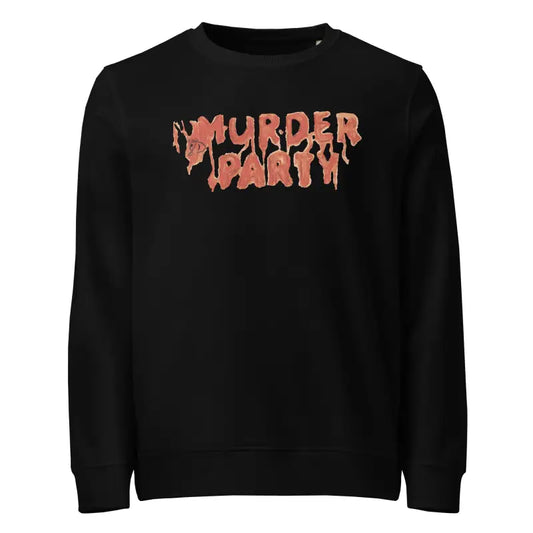 Black Murder Party sweatshirt showcasing unisex horror art for eco-conscious fans