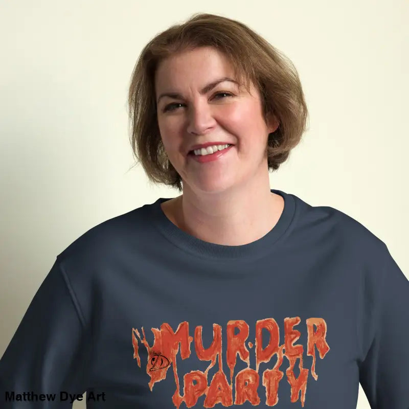 Eco-friendly Murder Party sweatshirt showcasing unique horror art for unisex wear