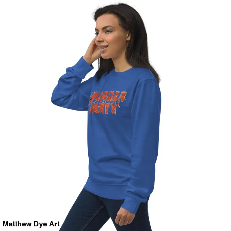 Blue Murder Party sweatshirt showcasing eco-friendly horror art design for unisex appeal
