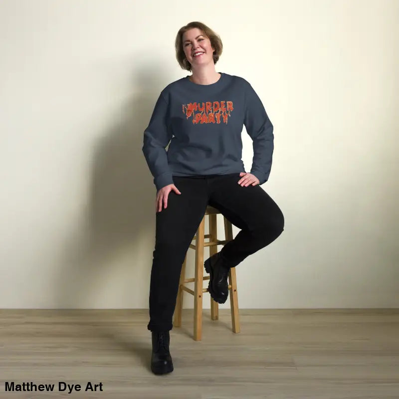 Woman wearing an eco-friendly Murder Party sweatshirt, showcasing horror art style