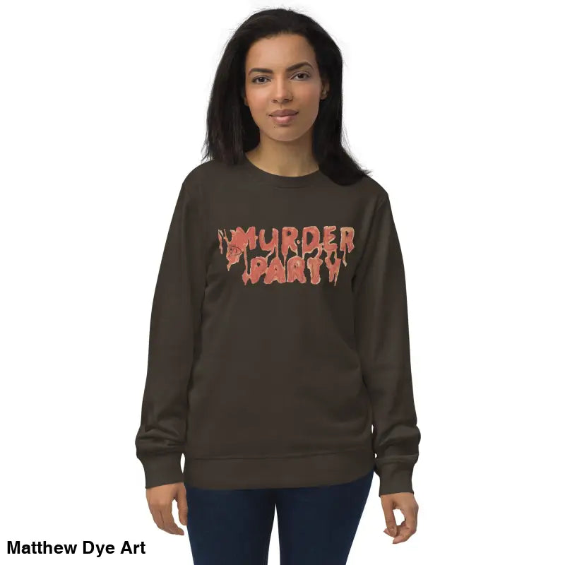 Brown Murder Party sweatshirt featuring eco-friendly design for horror art enthusiasts