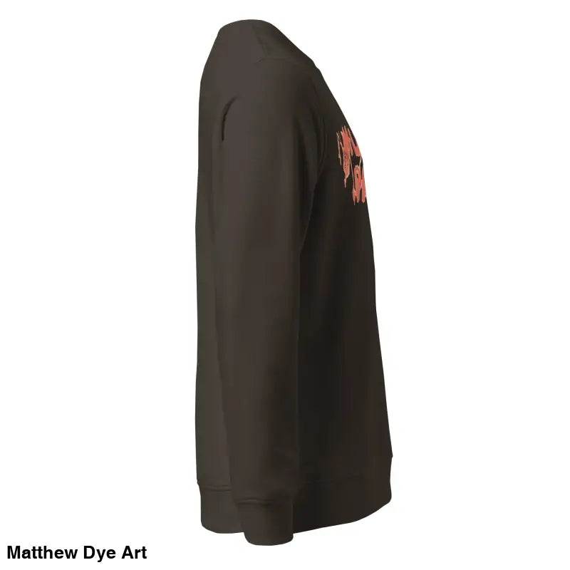 Brown long-sleeved murder party sweatshirt showcasing eco-friendly horror art design