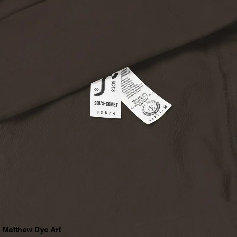 Brown fabric with garment tag for eco-friendly Murder Party sweatshirt design