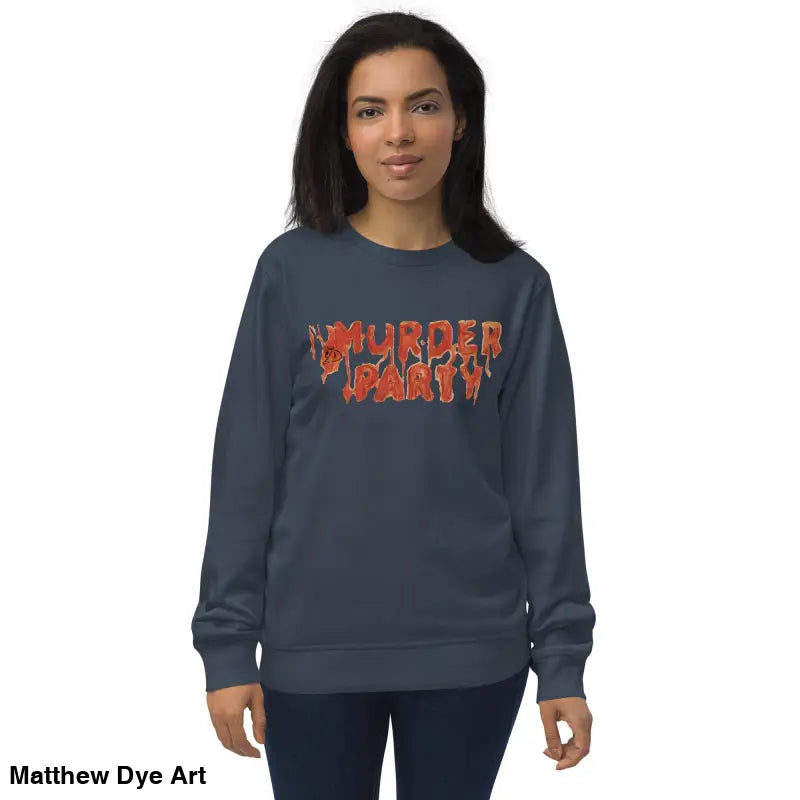 Dark blue Murder Party sweatshirt showcasing unisex horror art design for eco-friendly enthusiasts