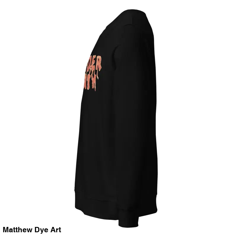 Black sweatshirt featuring eco-friendly Murder Party design, ideal for horror art enthusiasts