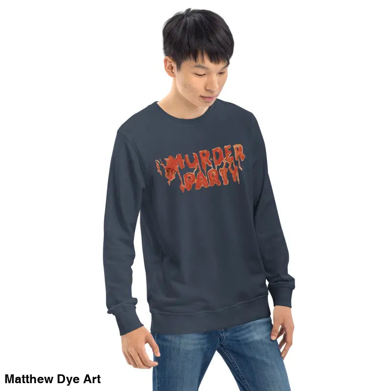 Navy blue Murder Party sweatshirt for eco-friendly horror art enthusiasts