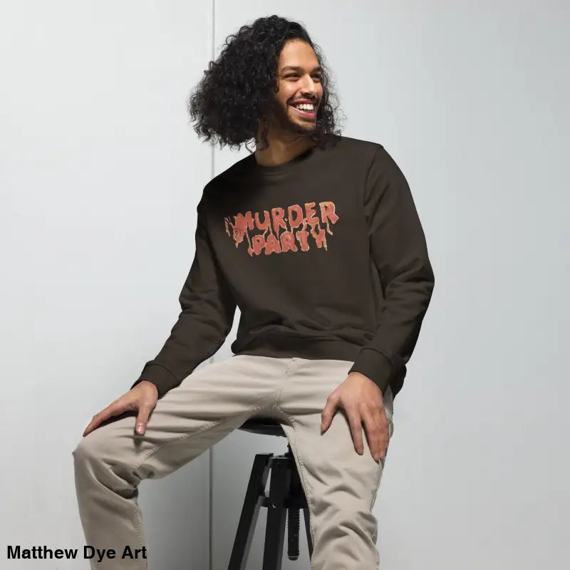 Brown Murder Party sweatshirt showcasing eco-friendly horror art for enthusiasts