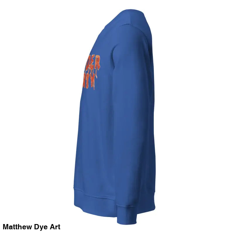 Blue sweatshirt with eco-friendly design featuring Murder Party horror art