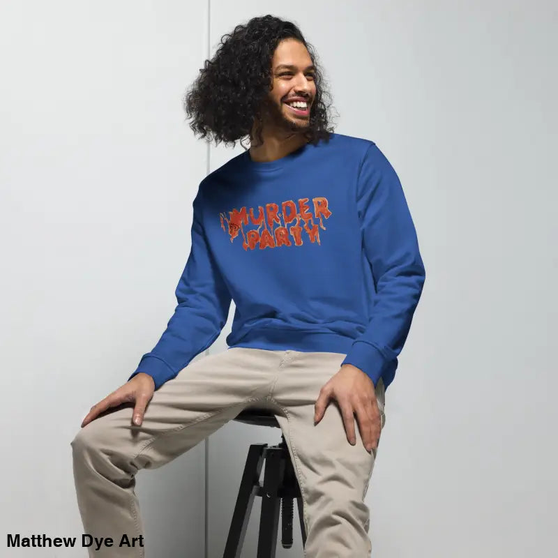 Blue sweatshirt with orange lettering from the eco-friendly Murder Party collection