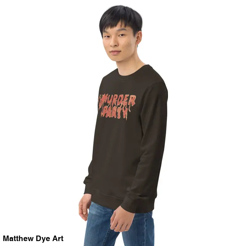 Dark brown Murder Party sweatshirt, perfect for horror enthusiasts and eco-friendly fashion