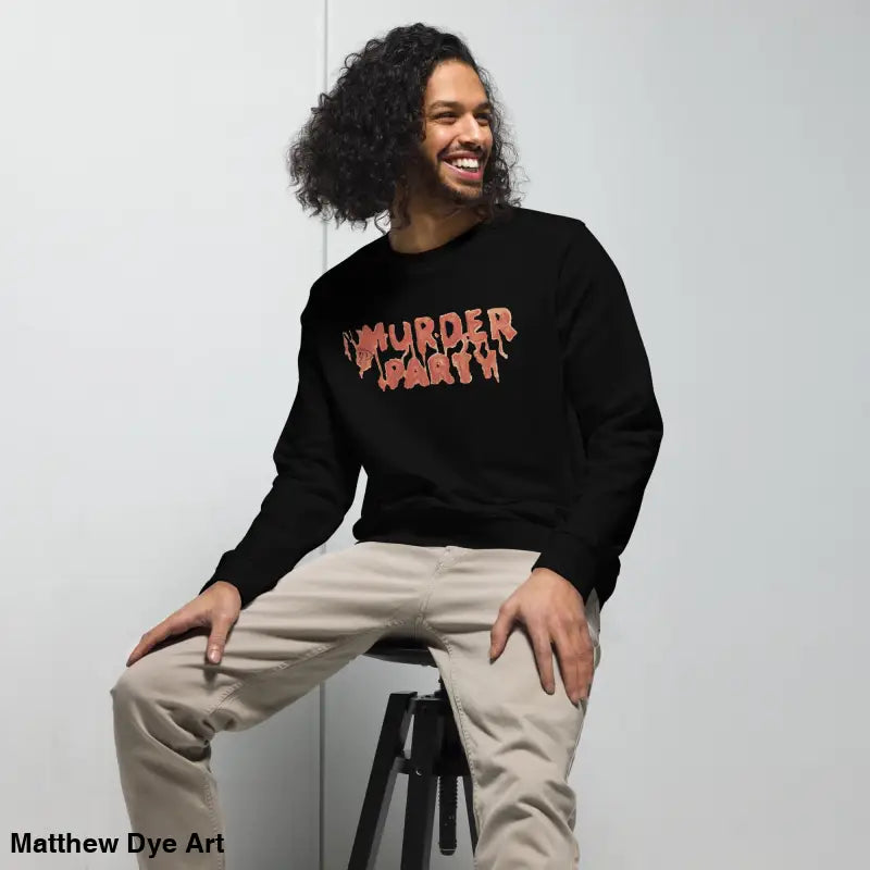 Black Murder Party sweatshirt featuring eco-friendly horror art design for stylish gatherings