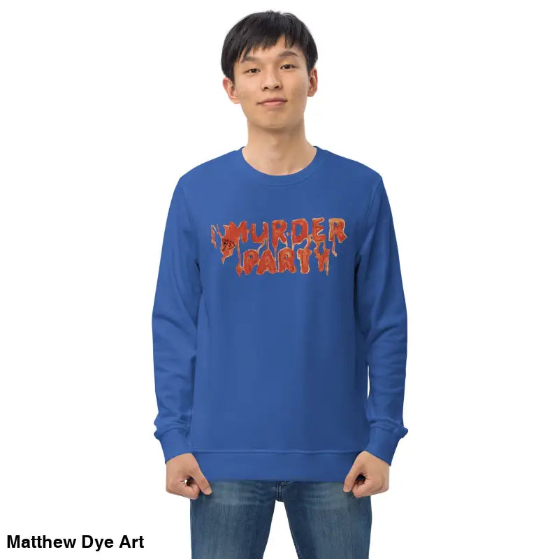 Blue Murder Party sweatshirt, a stylish and eco-friendly addition for horror art enthusiasts