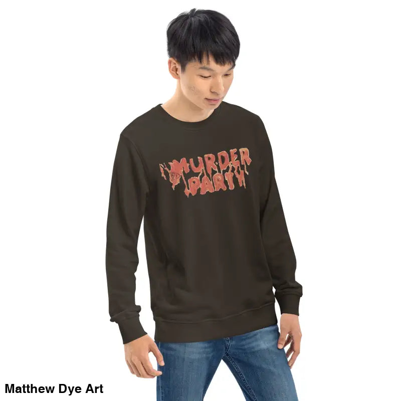 Brown Murder Party sweatshirt, perfect for horror fans seeking eco-friendly options